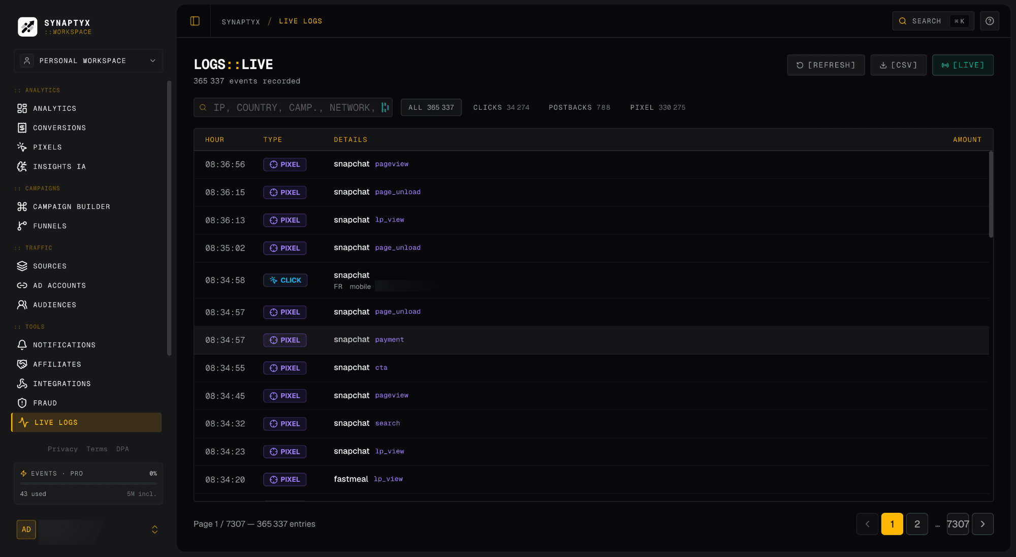 Live logs streaming a click