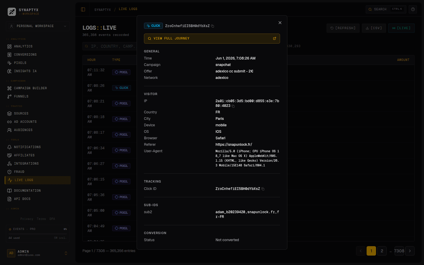 Live logs with a row expanded into the request inspector