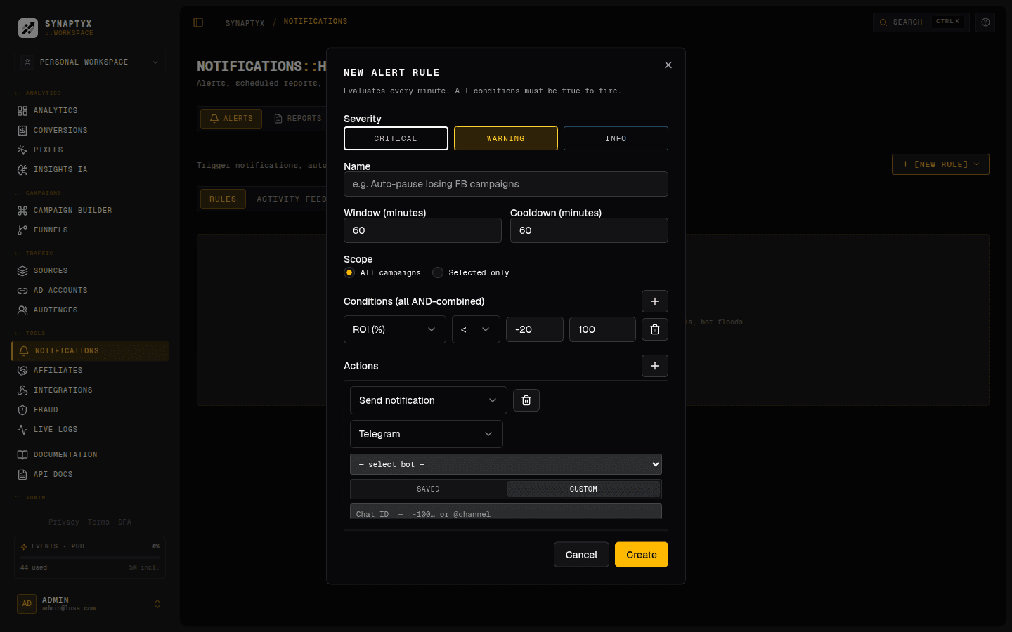 The alert rule editor — severity, conditions and actions